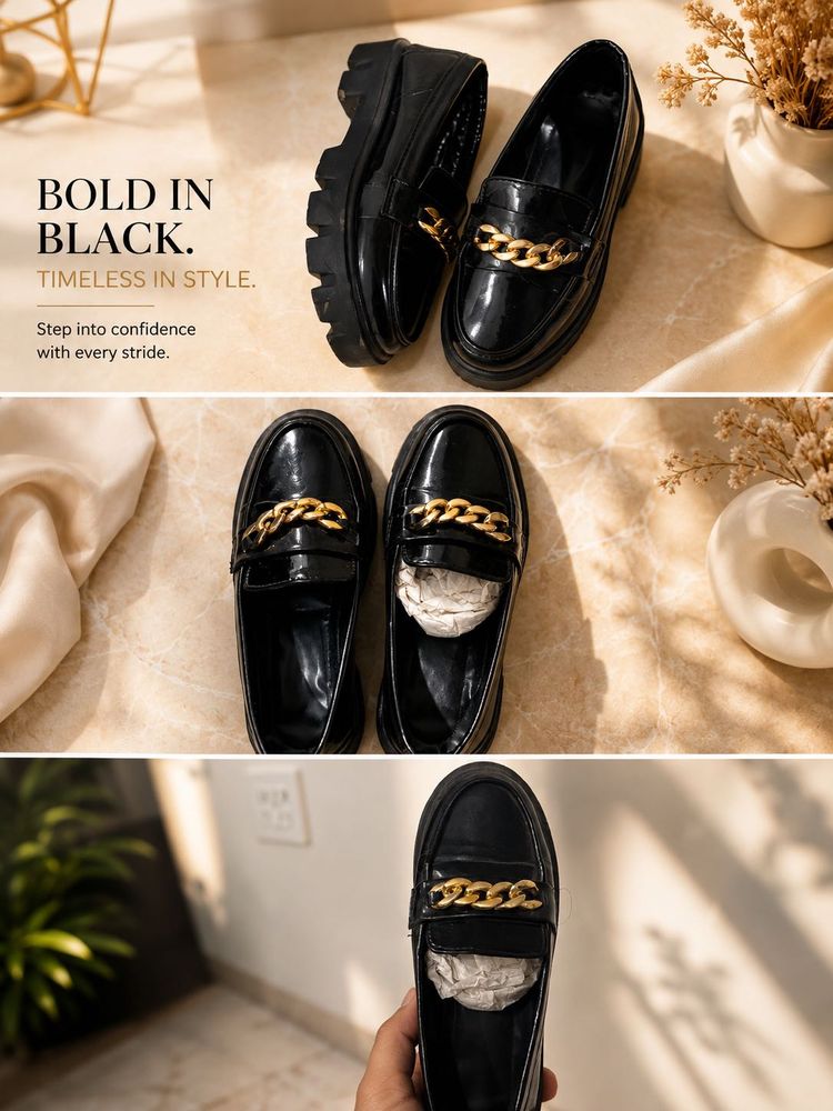Chic Black Loafers with Gold Chain