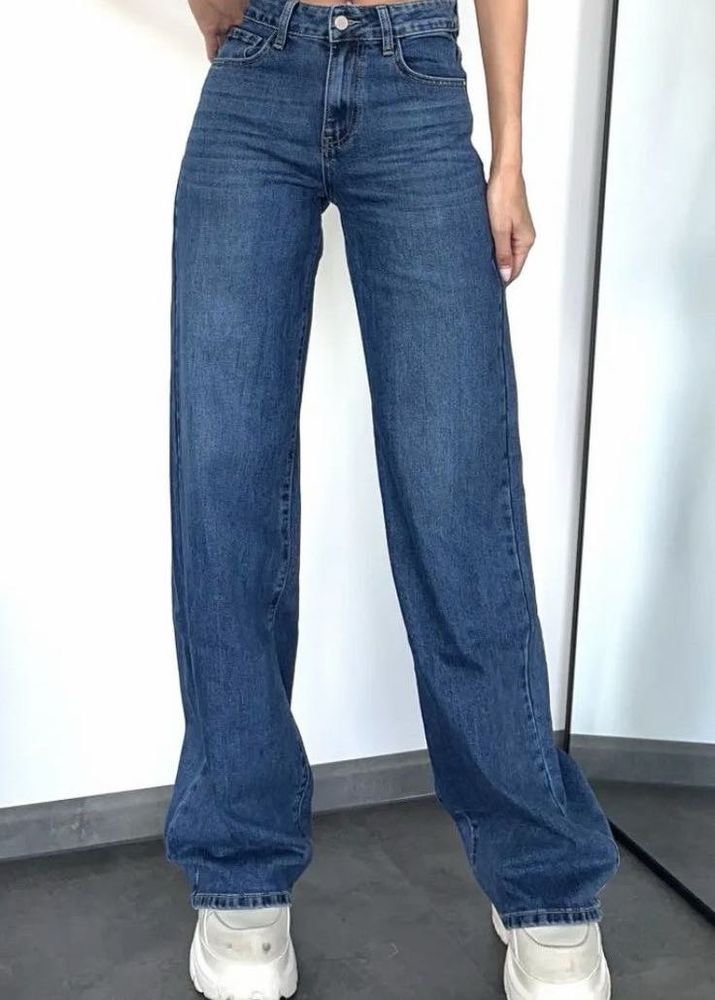 Trendy Blue High-Waist Wide Leg Denim Jeans