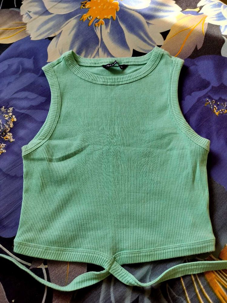Mint Green Ribbed Tie-Front Crop Top