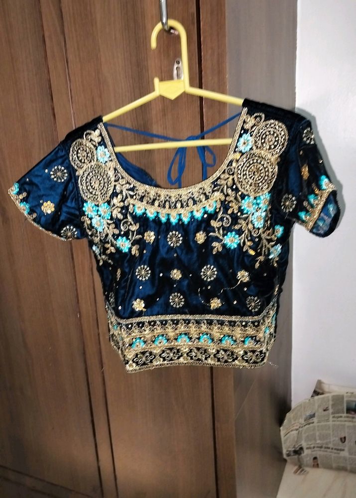 Embellished Navy Blue Velvet Blouse