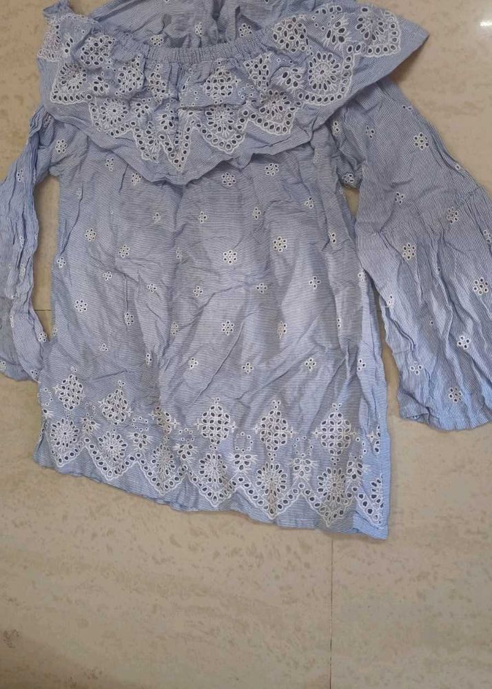 Blue Striped Off-Shoulder Eyelet Top