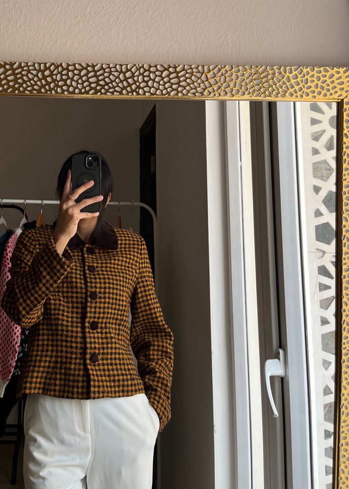 Vintage Black Yellow Check Crop Blazer