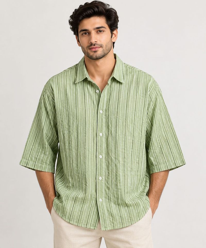 Green Striped Button-Up Shirt