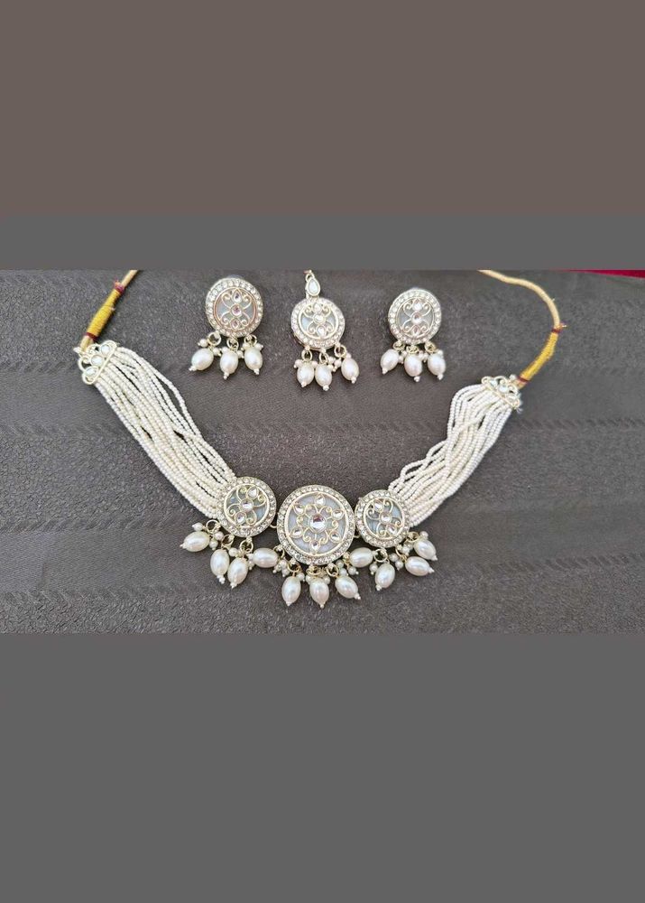 Elegant Pearl &amp; Stone Choker Necklace Set