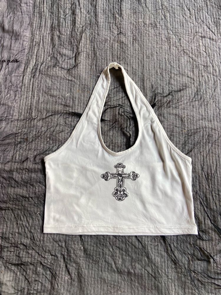cross y2k white hatler  top