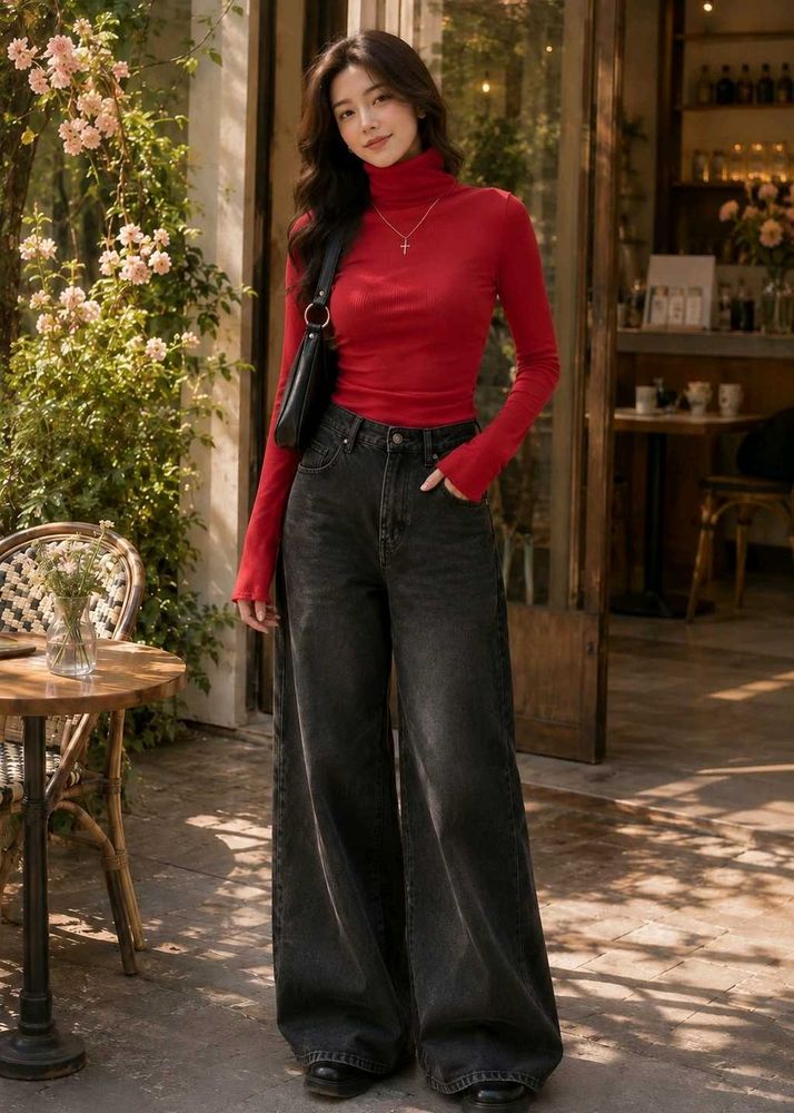 Korean Red Turtle Neck Long Sleeve Top