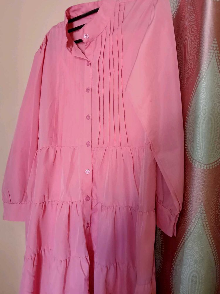 Pink Tiered Midi Shirt Dress