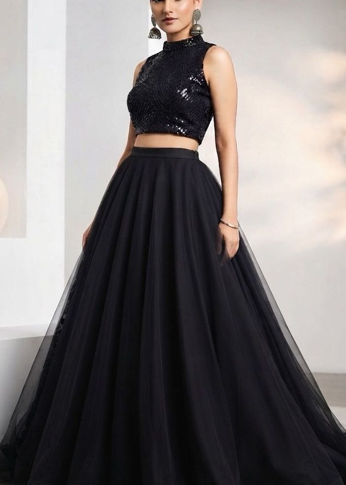 Stunning Black Sequined Crop Top &amp; Skirt Set