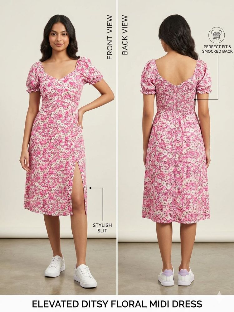 Pink Ditsy Floral Midi Dress