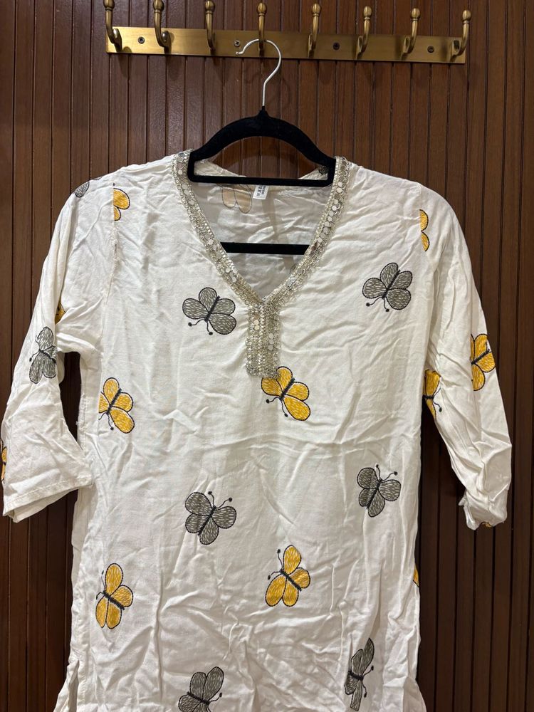 White Kurta with Butterfly Print