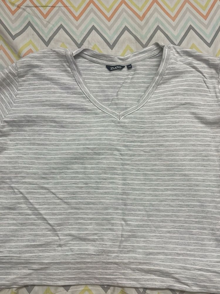 Grey Striped V-Neck T-Shirt