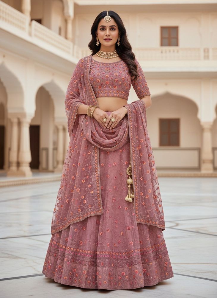 Stunning Pink Mauve Embroidered Lehenga Skirt