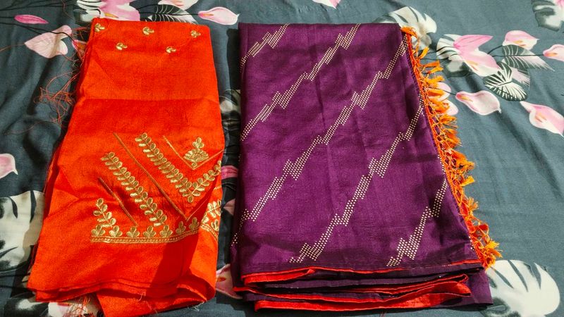 new purple sari with unstitched blouse