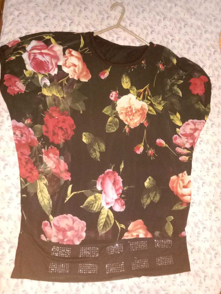 Floral Print Sheer Top with Embellished Hem
