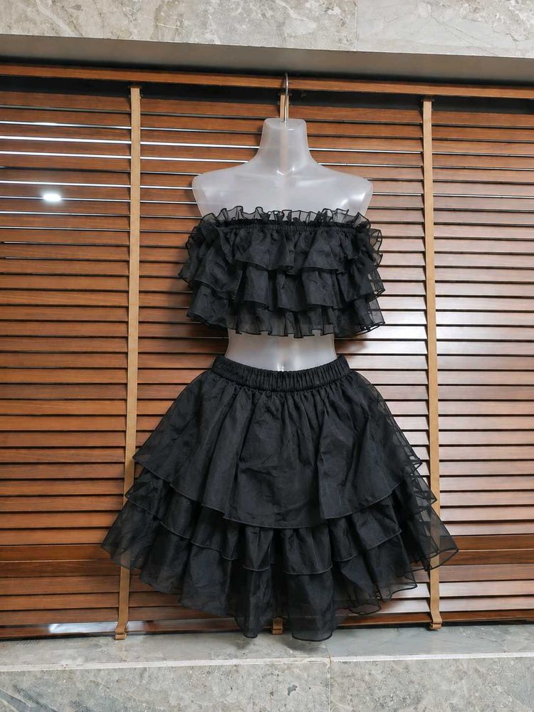 Cute Strapless Smocked Layered Crop Top with Skirt