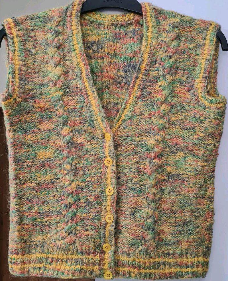 Handknitted woollen front open sleeveless Jacket