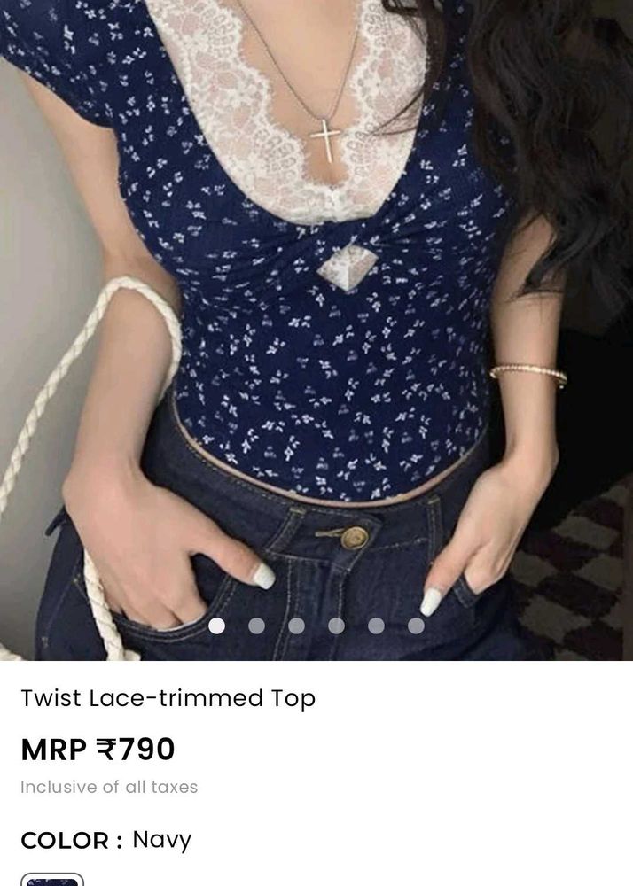 Navy Floral Lace Trim Crop Top