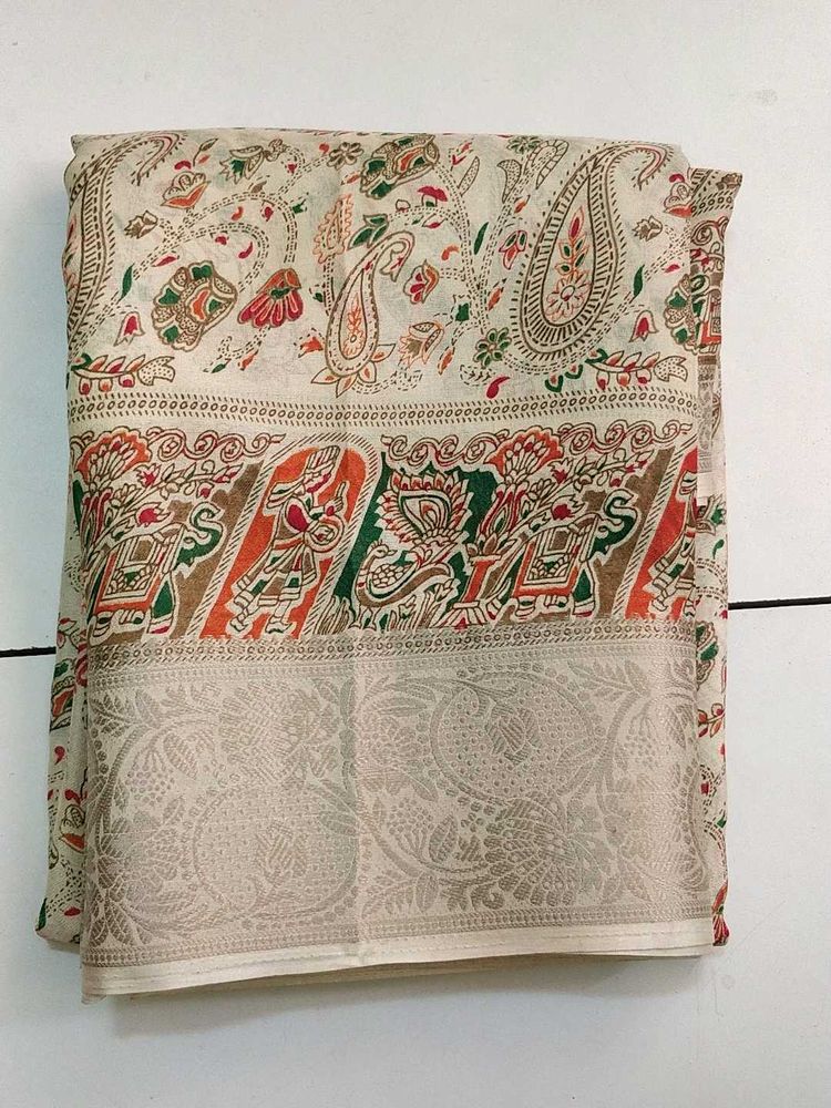 Cream Paisley Print Silk Saree