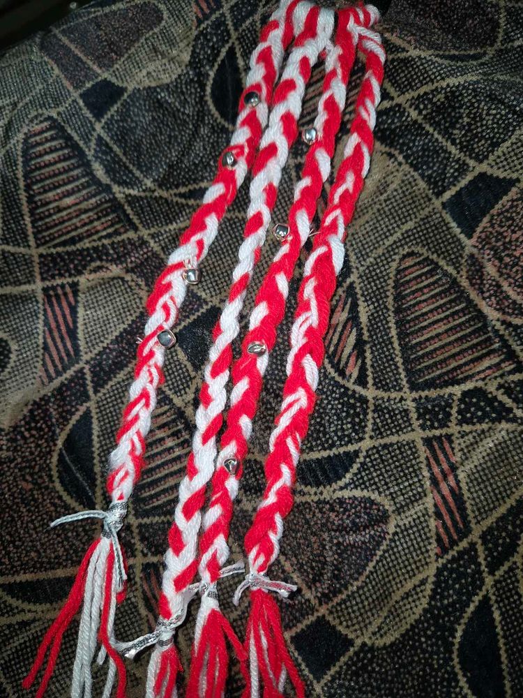Red &amp; White Braided Hair Accessory with Bells