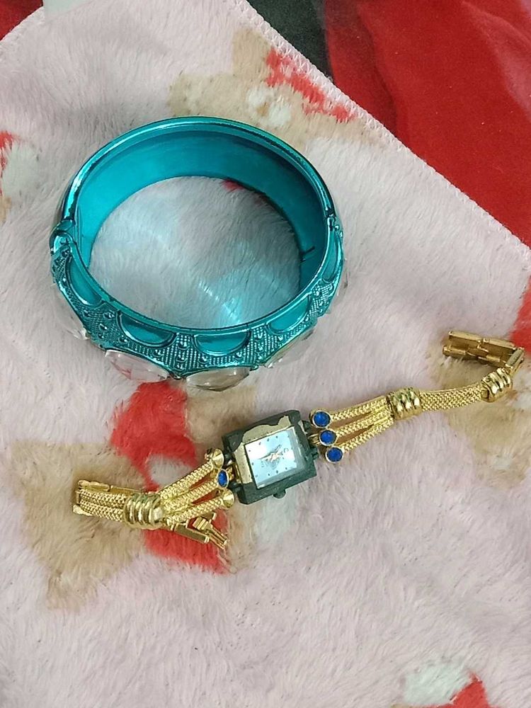 Vintage Teal Bangle &amp; Gold Watch Set