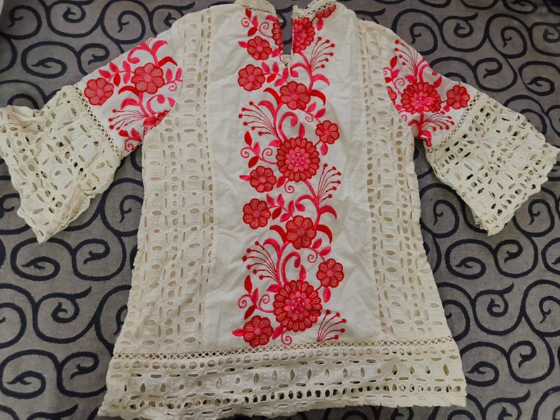 Embroidered White Kurta with Bell Sleeves