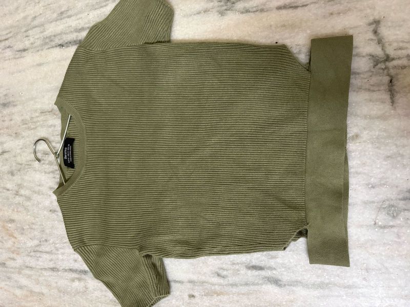 Bershka Ribbed Green Knit Top