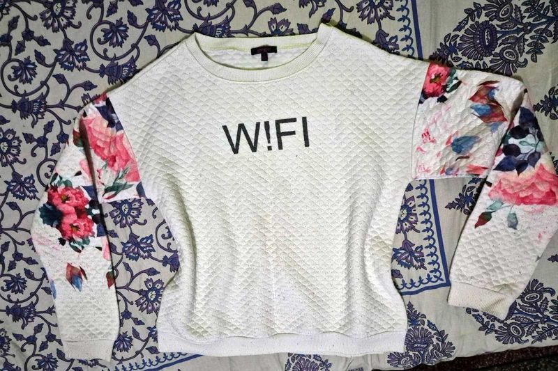 White Floral Sleeve "W!FI" Sweatshirt