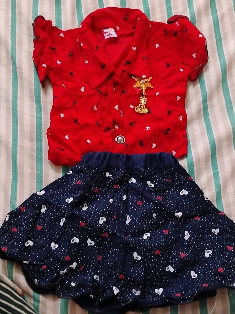 Cute Red Top &amp; Navy Heart Skirt Set