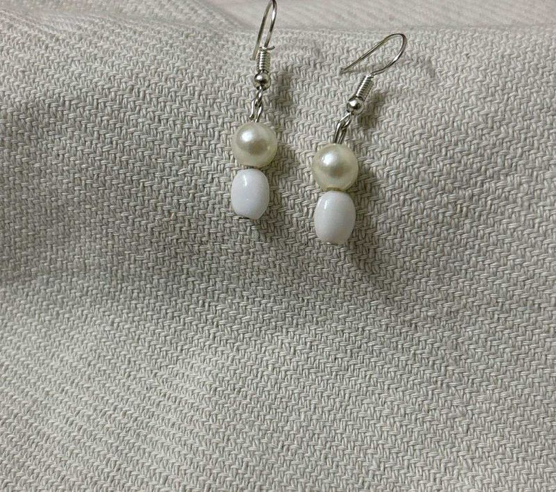Pearl &amp; White Bead Drop Earrings