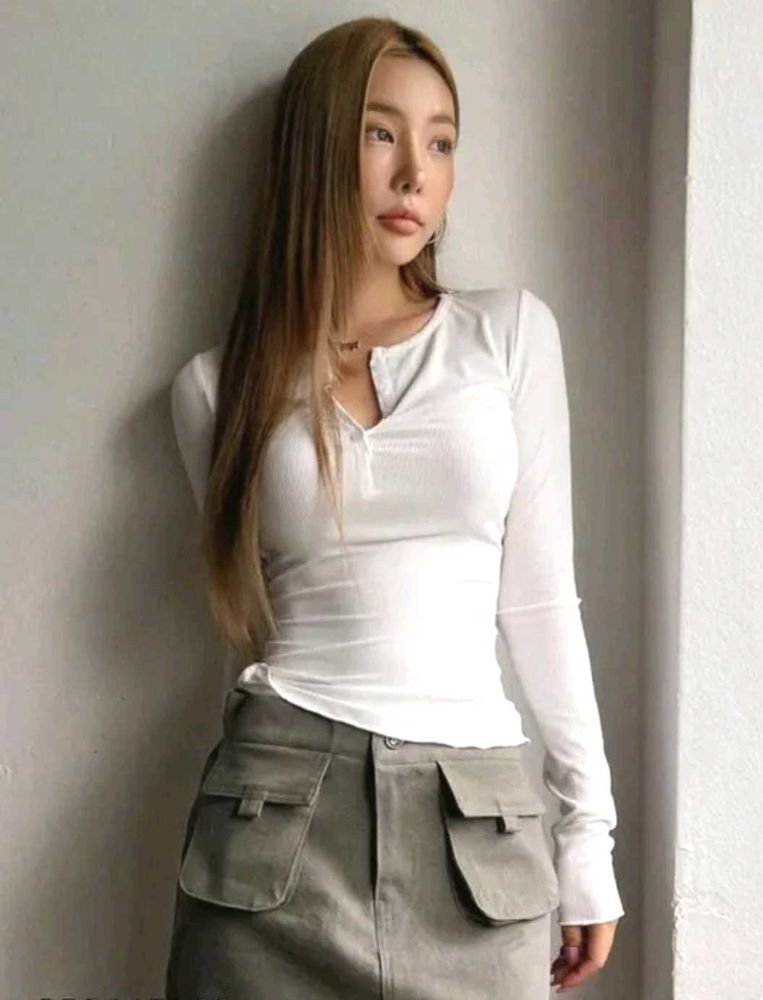 White Long Sleeve Henley Top