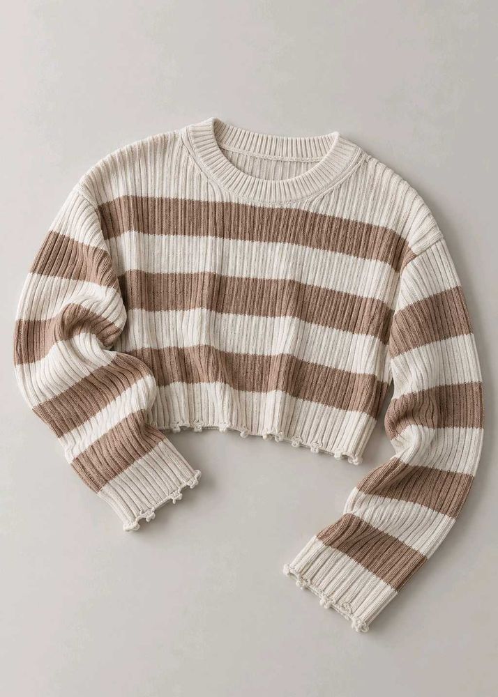 CREAM &amp; BROWN STRIPED CROPPED RIBBED SWEATER