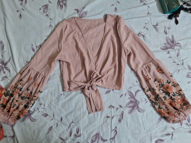 Chic Pink Floral Sleeve Wrap Top