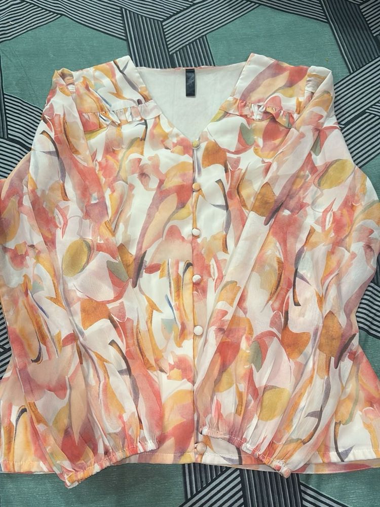 Sheer Floral Print Button-Up Blouse