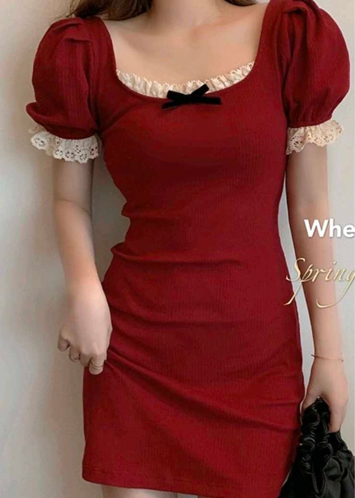 Chic Red Puff Sleeve Lace Trim Dress