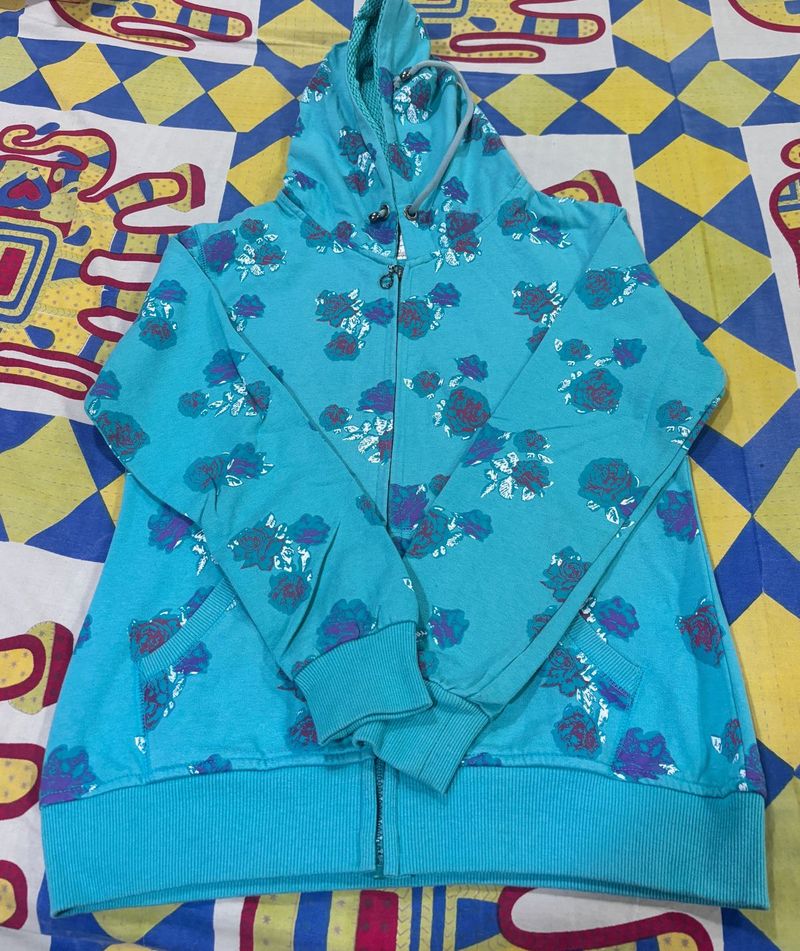 Turquoise Floral Zip-Up Hoodie