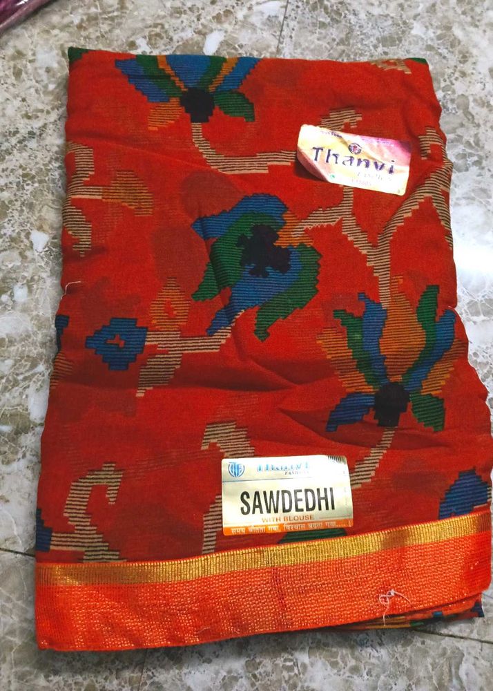 Beautiful orange Floral Print Saree