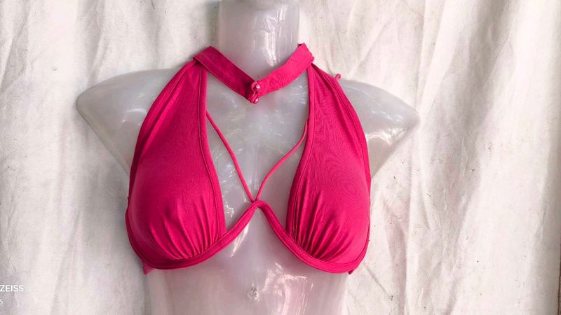 Hot Pink Strappy Halter Bikini Top