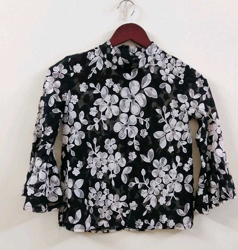 Floral black and white top