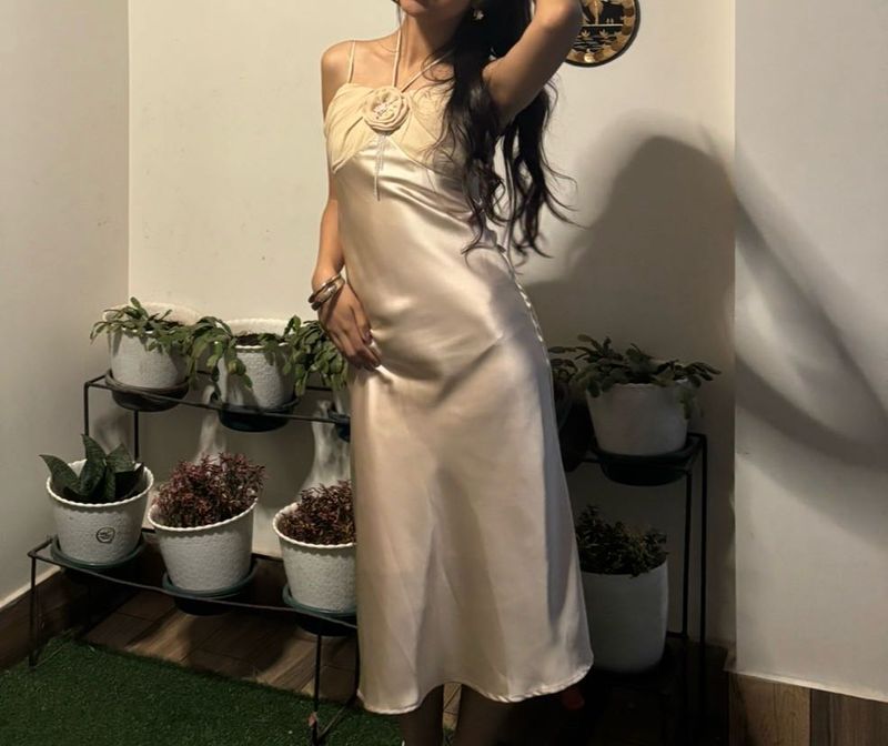 Elegant Satin Slip Dress with Pearl Accents