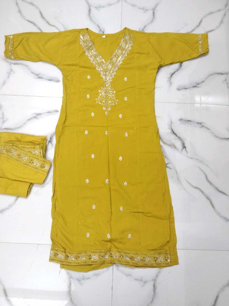Embroidered Yellow Kurta Set
