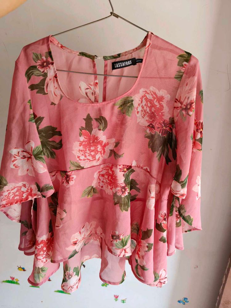 Pink Floral Print Flare Sleeve Top