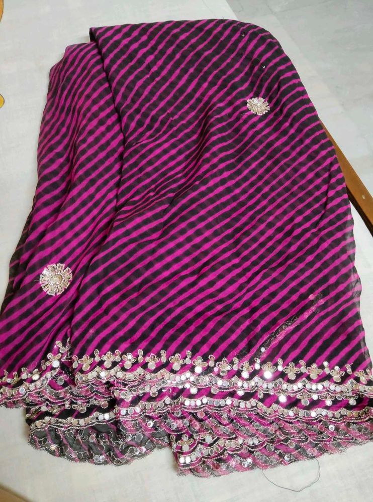 Vibrant Pink &amp; Black Striped Saree