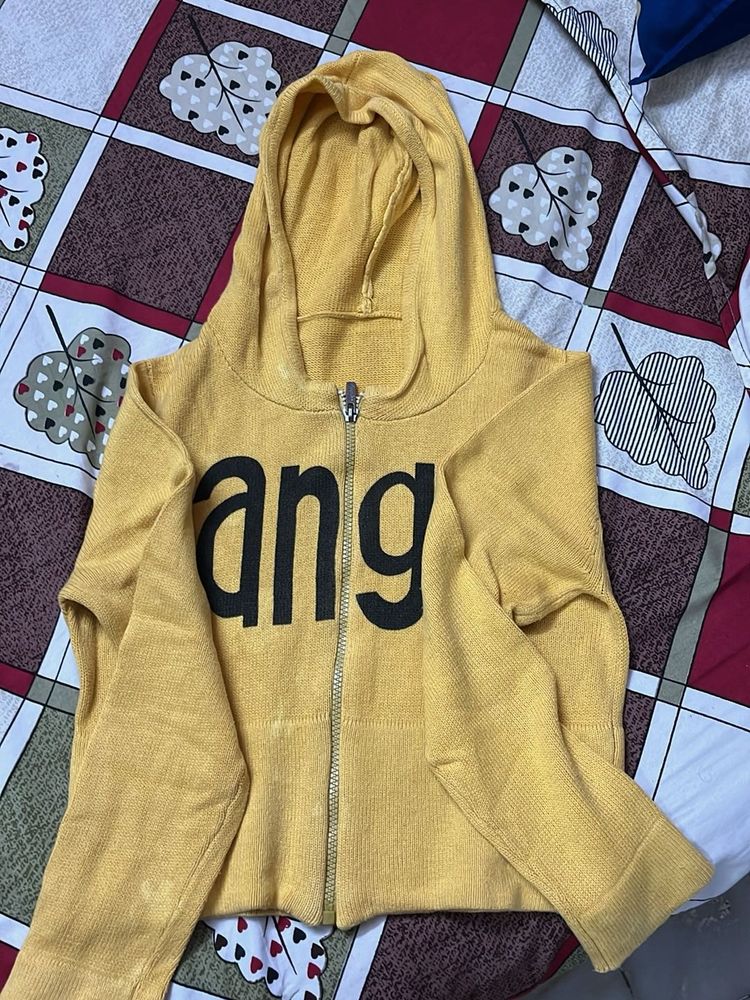 Yellow Zip-Up Hoodie with Graphic Print