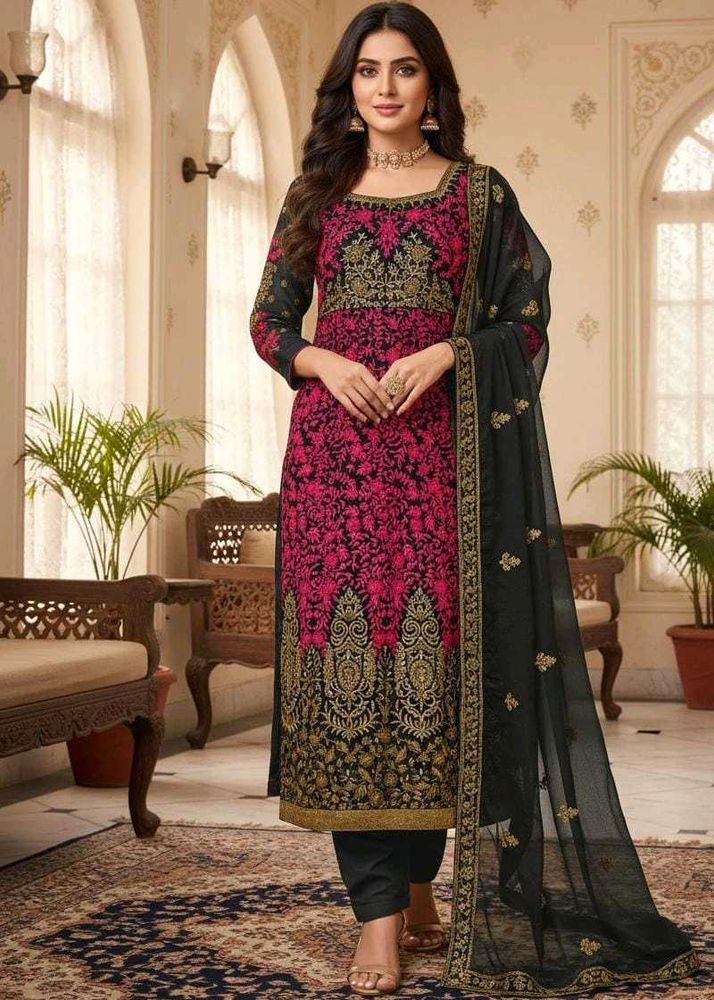 Elegant Pink &amp; Black Embroidered Suit