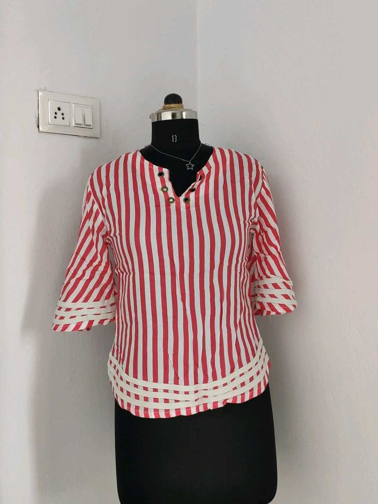 Red &amp; White Striped Bell Sleeve Top