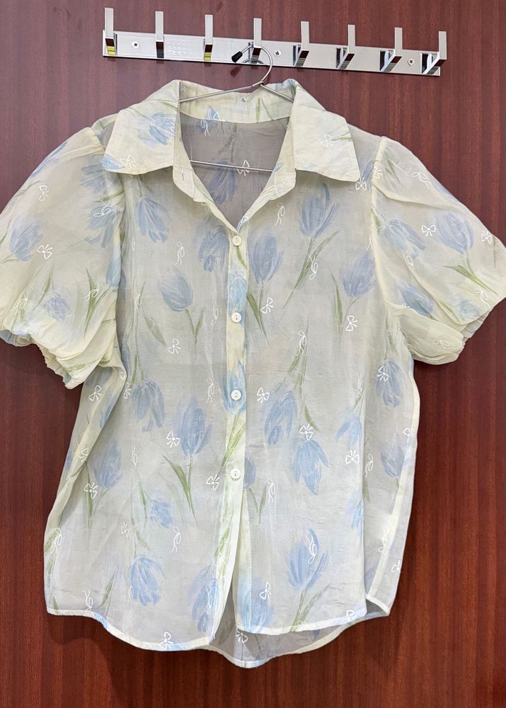 Sheer Floral Print Puff Sleeve shirt