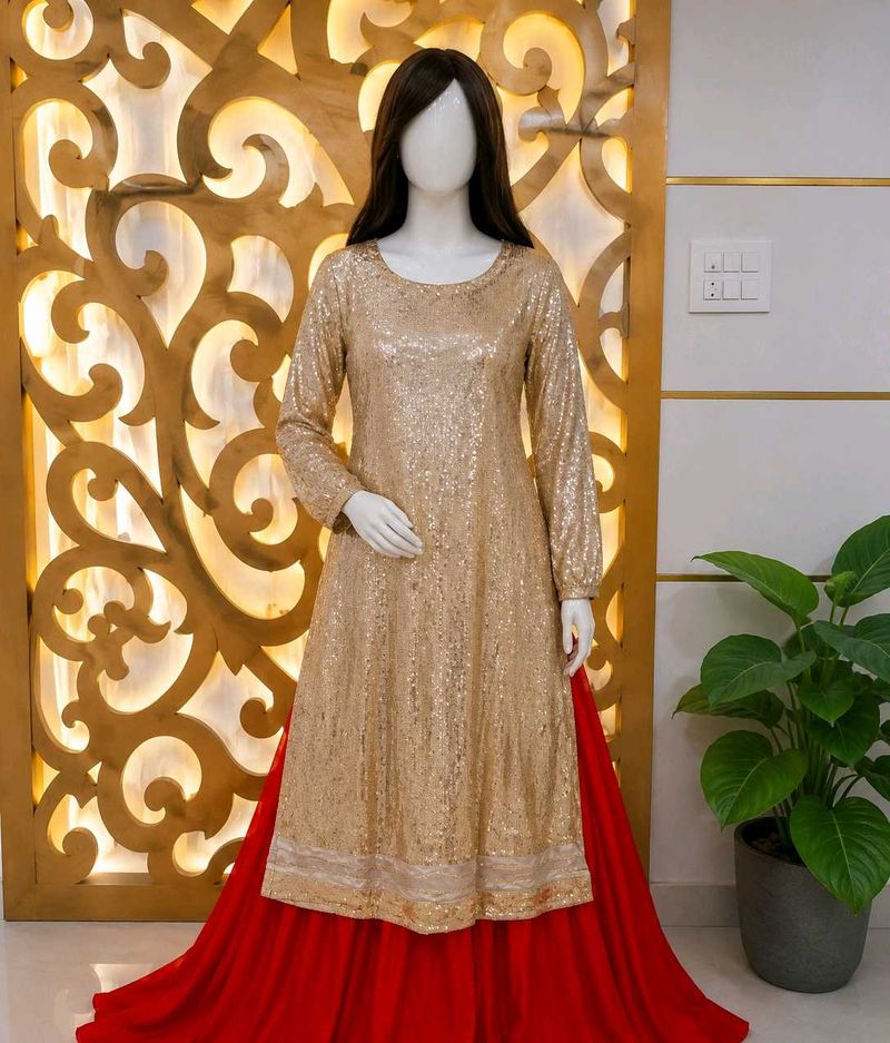 Gold Sequin Kurti with Red Skirt
