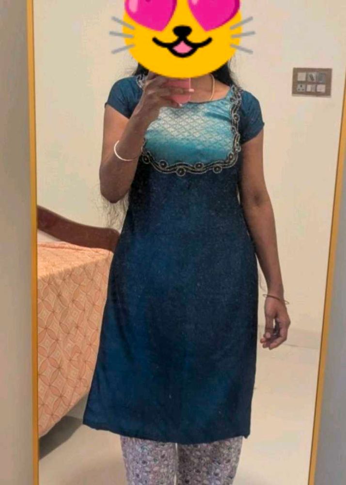 Beautiful Teal Kurta with Embroidered Neckline
