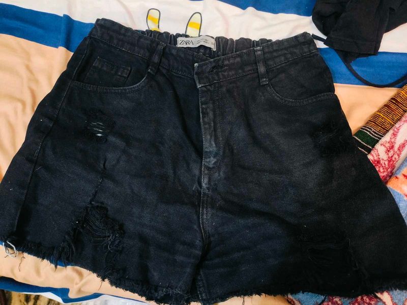 Zara Black Denim Ripped Shorts