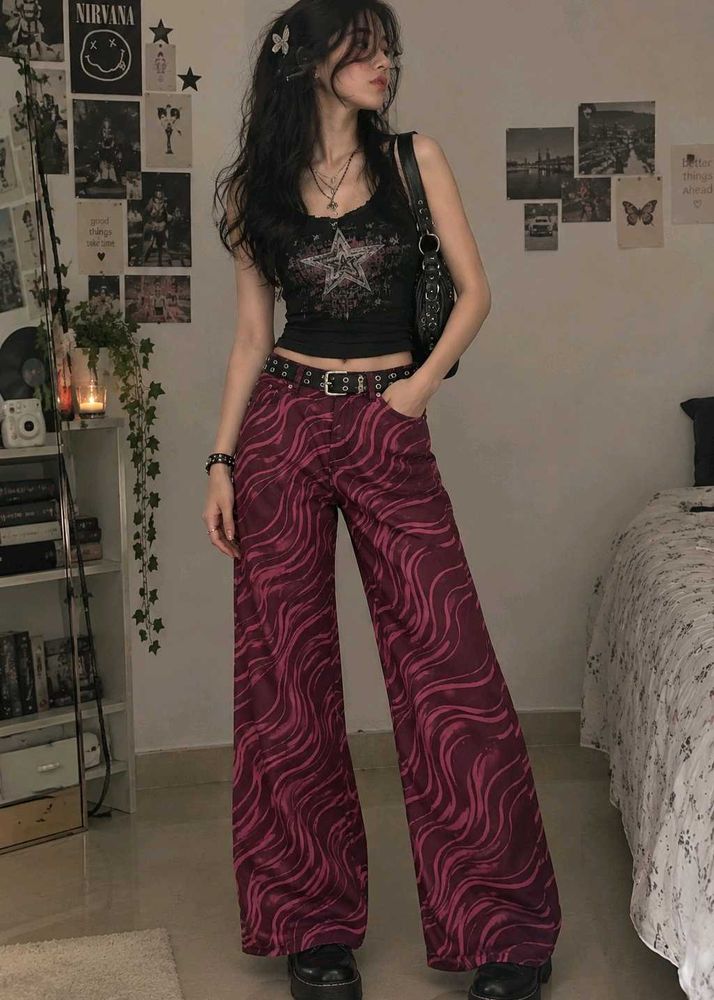y2k grunge plum Wide Leg Swirl Printed jeans